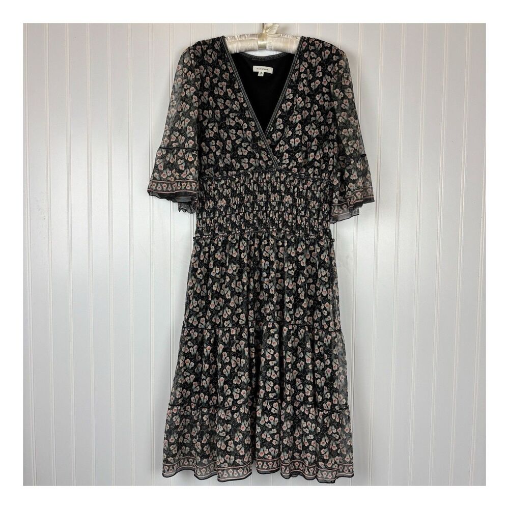Max Studio Black Floral Midi Dress Size M Smocked Tiered Forest Fairy Gauzy Boho